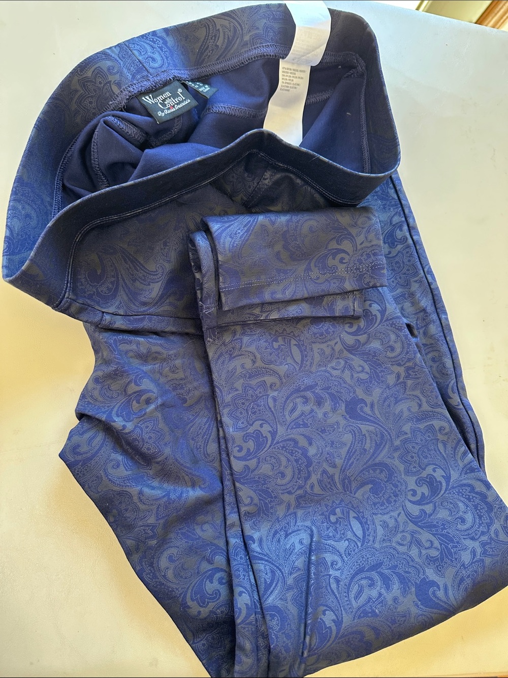 Women in Control Paisley Dress Pants Skinny Leg in Deep Blue